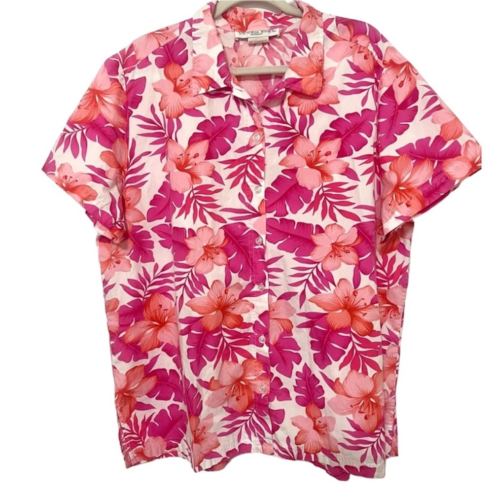 Victoria Jones pink and white tropical shirt short sleeves buttons down Size 2XL